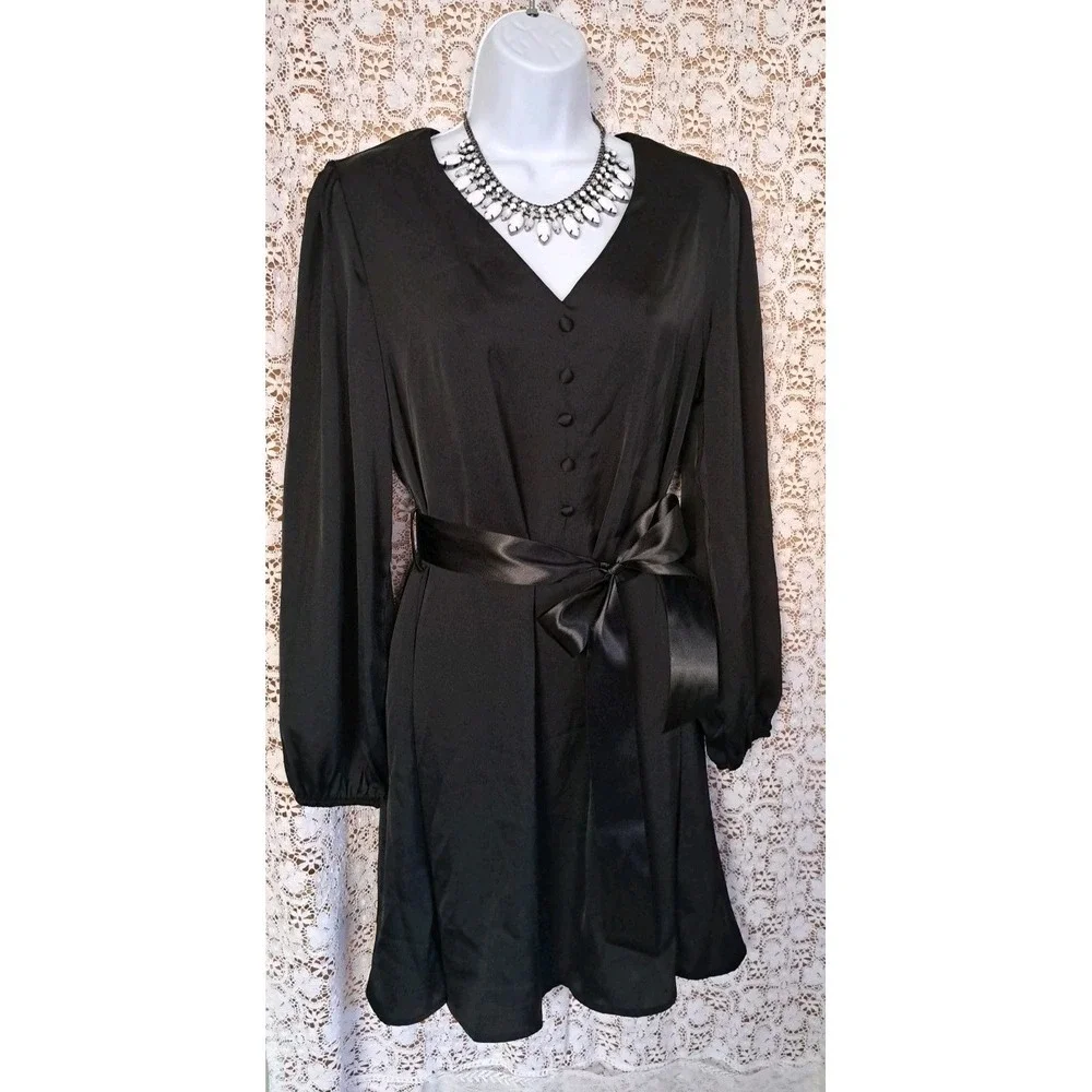 Pretty Garden Dress M Black V Neck Balloon Sleeves Satin‎ Tie Knee Length NWT